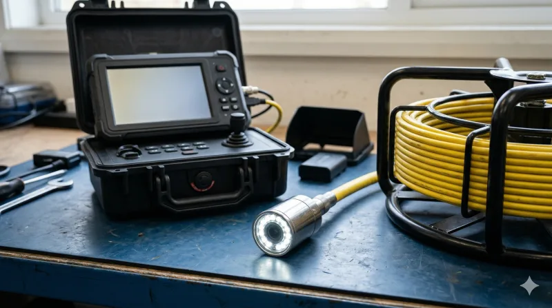 Professional CCTV drain survey equipment — camera head with LED lights, cable reel, and portable monitor