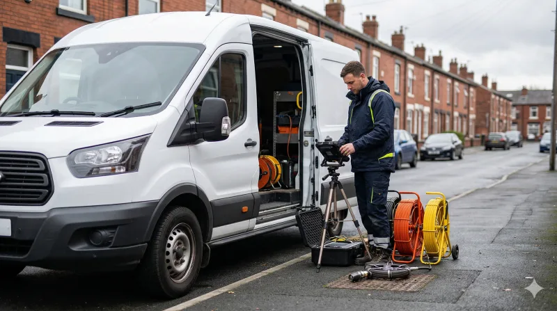 Drainage engineer with survey equipment beside his van on a Manchester terraced street