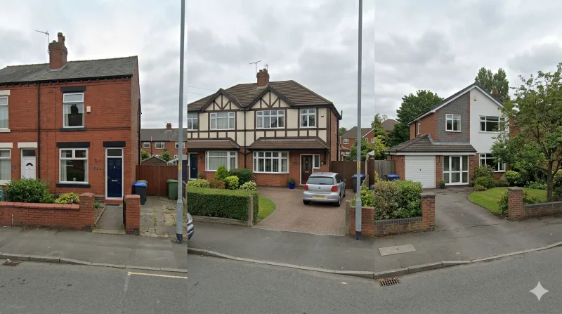 Three Manchester residential property types — terraced, semi-detached, and detached houses