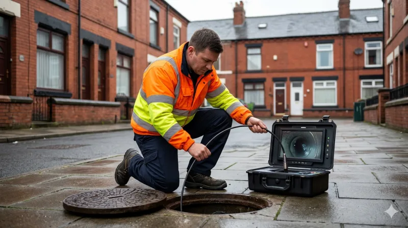 Drainage engineer feeding a CCTV camera into a manhole at a Manchester residential property