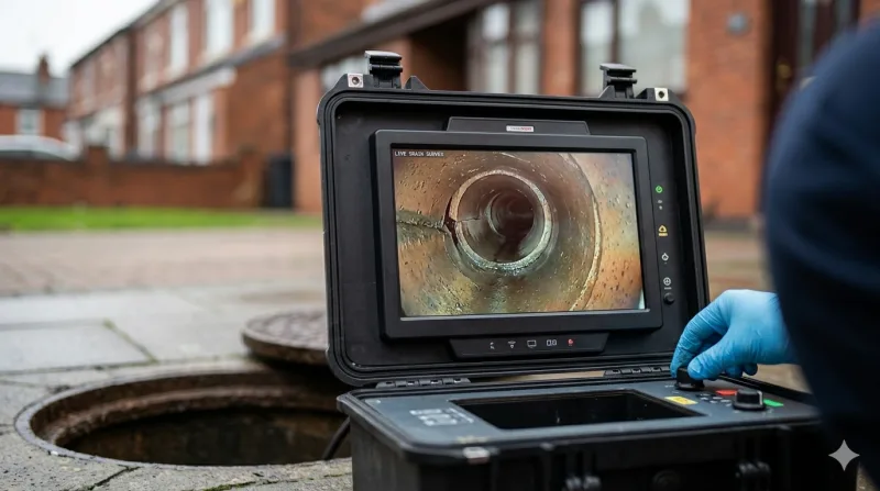 CCTV drain survey footage displayed on a portable monitor showing the inside of a drainage pipe