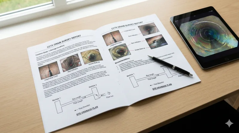 Professional drain survey report with annotated images and drainage plan laid out on a desk
