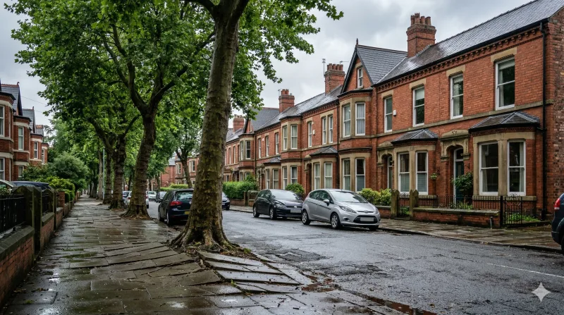 Tree-lined Victorian street in Manchester showing the type of older properties where collapsed drains are common