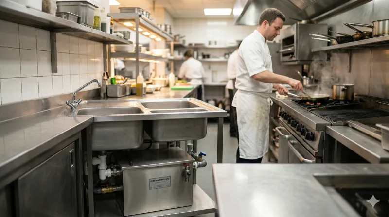 Commercial restaurant kitchen with a grease trap installed beneath the sink area