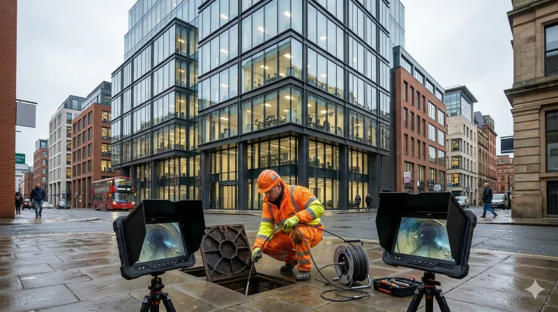 Drainage engineer conducting a CCTV survey at a commercial building in Manchester city centre