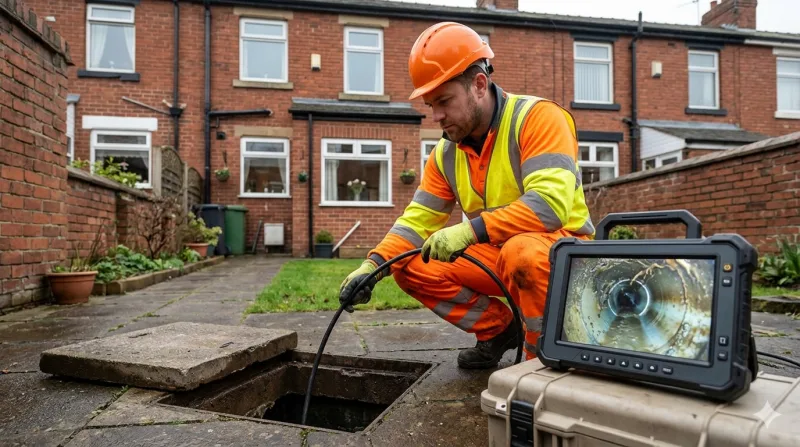 Drainage engineer performing a CCTV drain survey at a residential property in Manchester