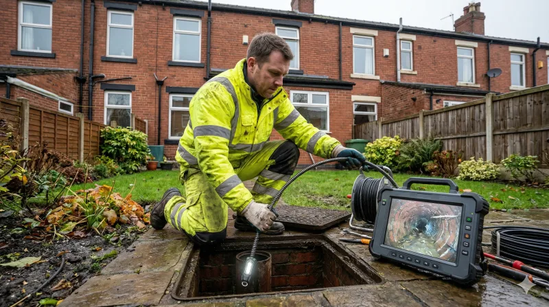 Drainage engineer conducting a CCTV drain survey in a Manchester back garden with live footage on a portable monitor