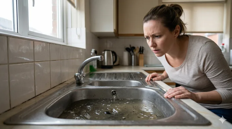 Homeowner looking at a blocked kitchen sink draining slowly in a Manchester terraced house