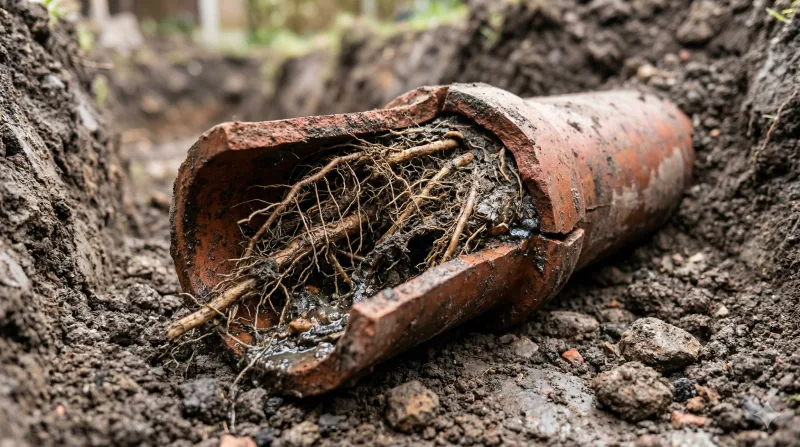 Excavated clay drainage pipe filled with tree roots that caused a recurring blockage