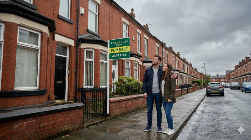 Young couple viewing a Victorian terraced house for sale on a residential street in Manchester