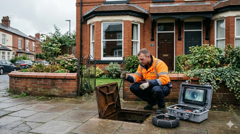 Drainage engineer lifting a manhole cover to conduct a pre-purchase drain survey at a Victorian terraced house