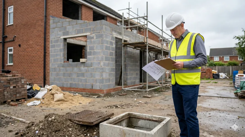 Building Control officer examining drainage plans at a house extension construction site in Manchester