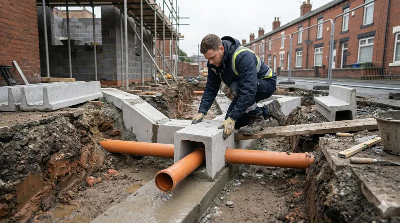 Builder constructing a concrete protective duct around an existing drainage pipe in a foundation trench