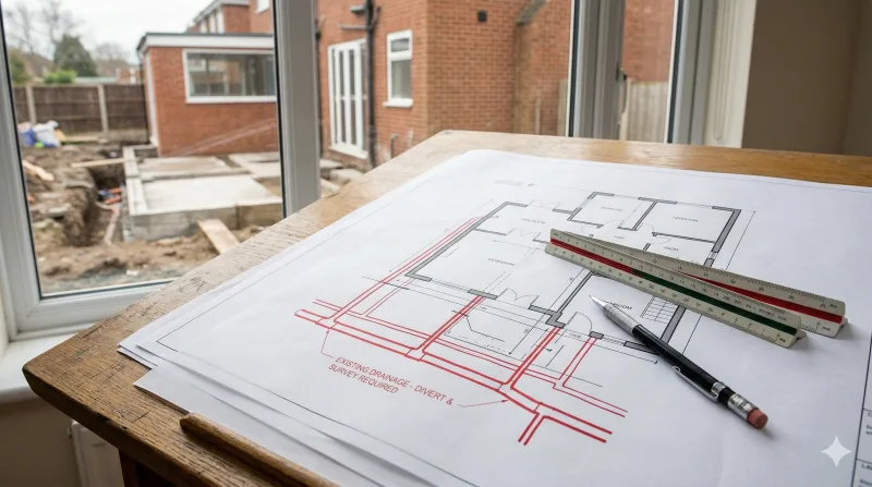 Architectural extension plans on a table with drainage plan overlay showing existing drain runs beneath the proposed footprint
