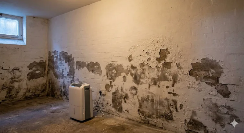 Water damage and damp staining on a basement wall with peeling paint and a dehumidifier on the floor