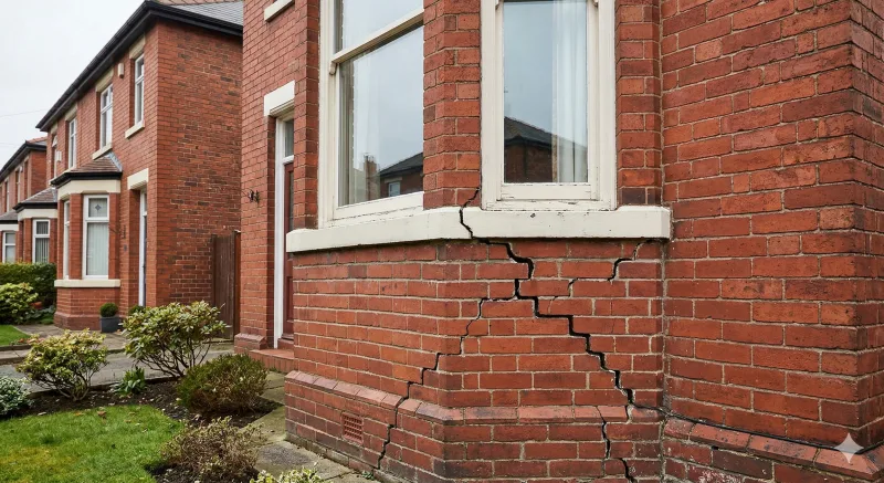 Subsidence cracks running diagonally across the exterior brick wall of a 1930s semi-detached house in Manchester