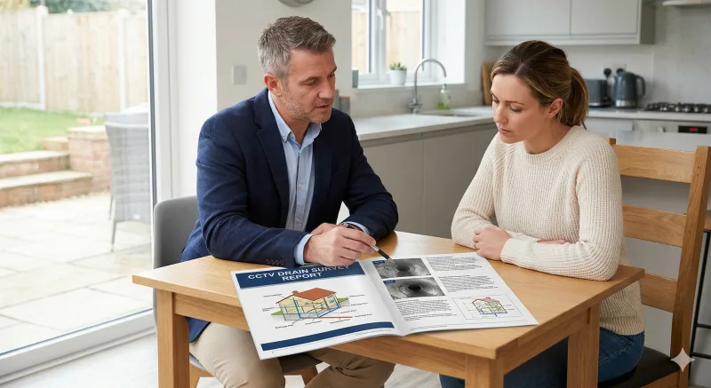Insurance loss adjuster reviewing a CCTV drain survey report with a homeowner at a kitchen table