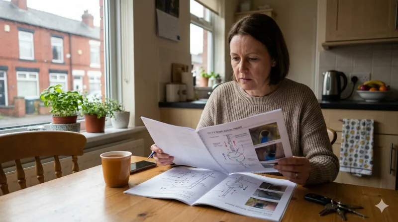 Homeowner sitting at a kitchen table reading a printed CCTV drain survey report