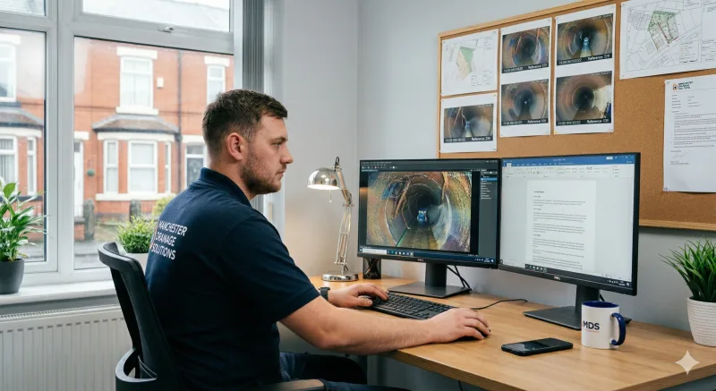 Drainage professional reviewing footage and compiling a report at an office desk
