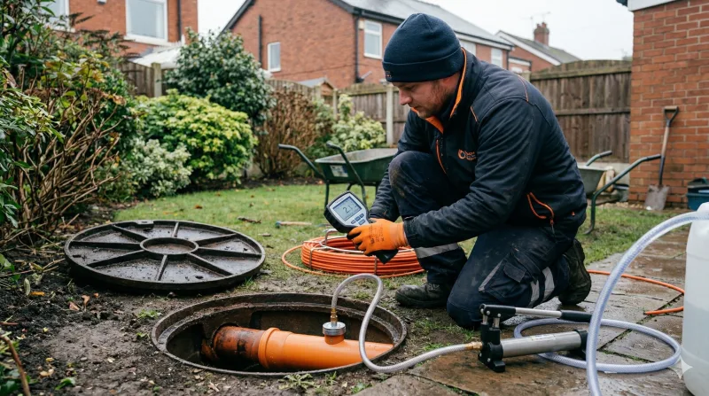 Drainage engineer feeding a CCTV camera cable into a manhole with a monitor showing live pipe footage