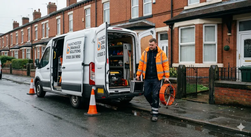 Drainage engineer unloading CCTV survey equipment from a van on a Manchester terraced street