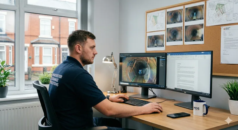 Drainage professional reviewing CCTV drain footage on dual monitors while compiling a survey report