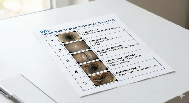 Printed WRc condition grading scale showing grades 1 through 5 with corresponding CCTV images of pipe defects