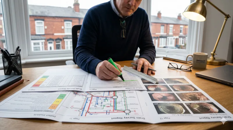 Person studying a printed drain survey report with highlighter pen, showing condition grading tables and annotated images