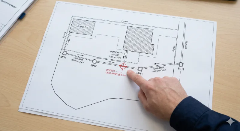 Overhead view of a drainage plan showing property outline, manhole positions, pipe runs, and a defect location