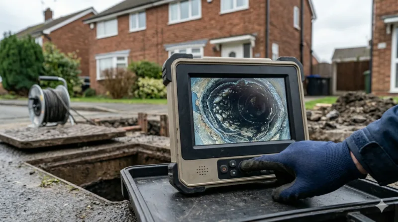 CCTV monitor screen showing live footage of a deformed pitch fibre drain pipe interior
