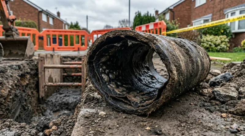 Deteriorated pitch fibre drainage pipe excavated from the ground showing deformation and blistering