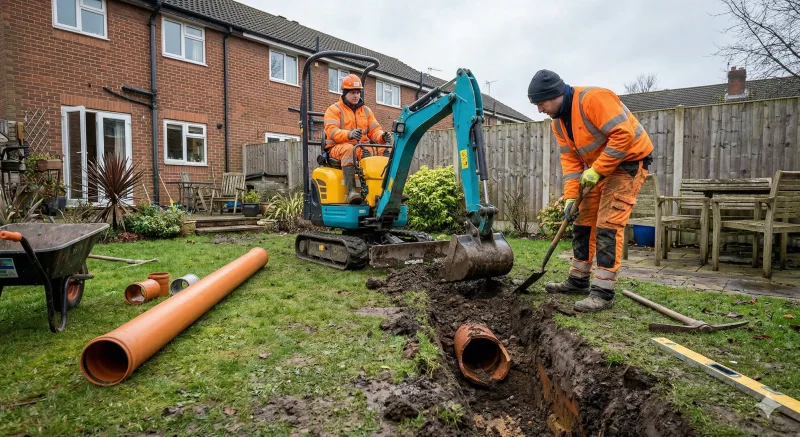 Drainage contractors excavating a trench to replace damaged pitch fibre pipes with new PVC drainage