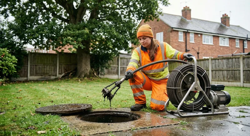 Drainage engineer operating mechanical root cutting equipment at a manhole in a residential garden