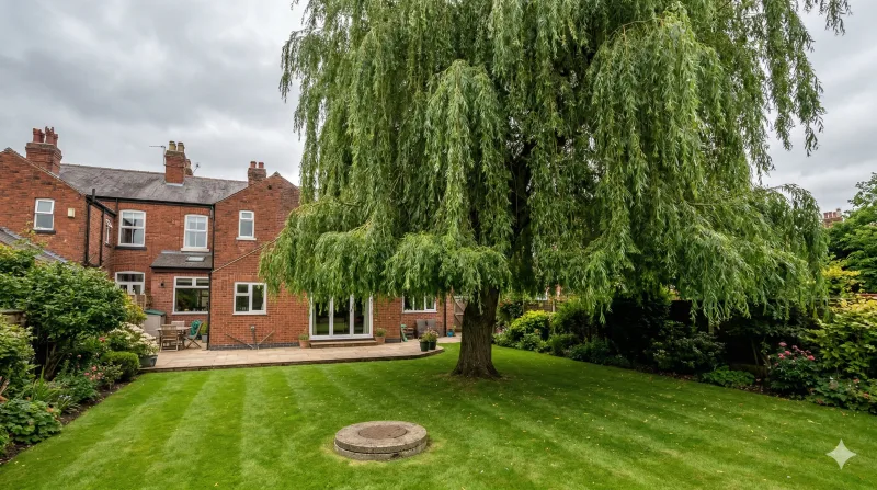 Large mature willow tree in a south Manchester residential garden with a drainage manhole cover nearby