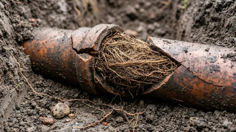 Excavated clay drainage pipe broken open revealing dense tree roots filling the pipe interior