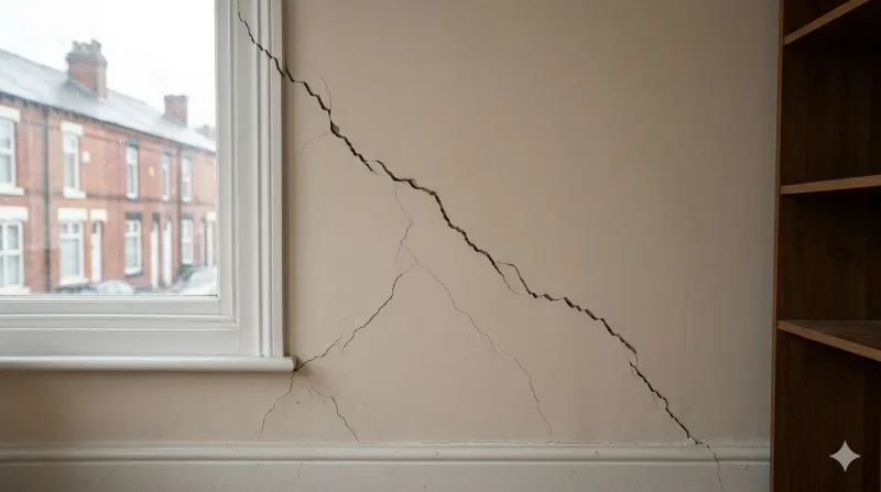 Diagonal subsidence cracks on an interior wall radiating from a window corner in a Manchester house