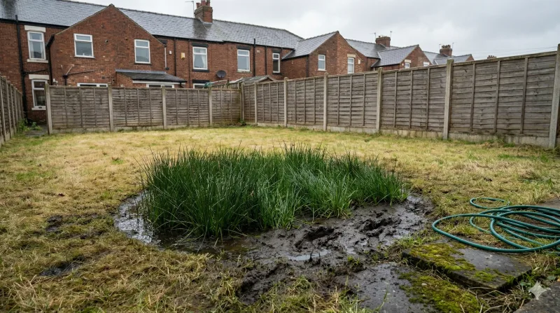 Waterlogged patch with lush grass in a residential back garden indicating a possible drain leak