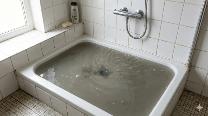 Water backing up in a shower tray draining slowly in a Manchester terraced house bathroom