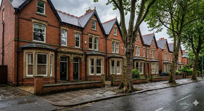 Victorian red-brick terraced houses with bay windows and slate roofs on a Manchester street
