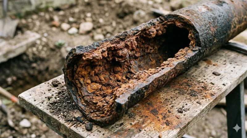 Section of old cast iron drainage pipe cut open showing severe internal corrosion and scale buildup