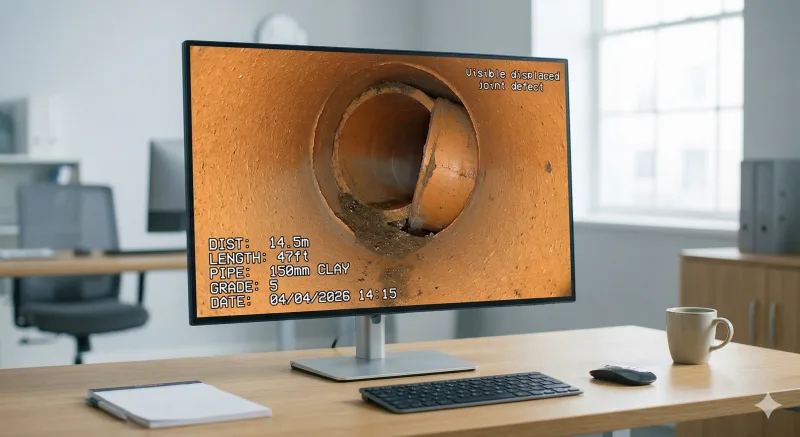 Widescreen monitor displaying HD CCTV drain footage showing a displaced joint defect in a clay pipe