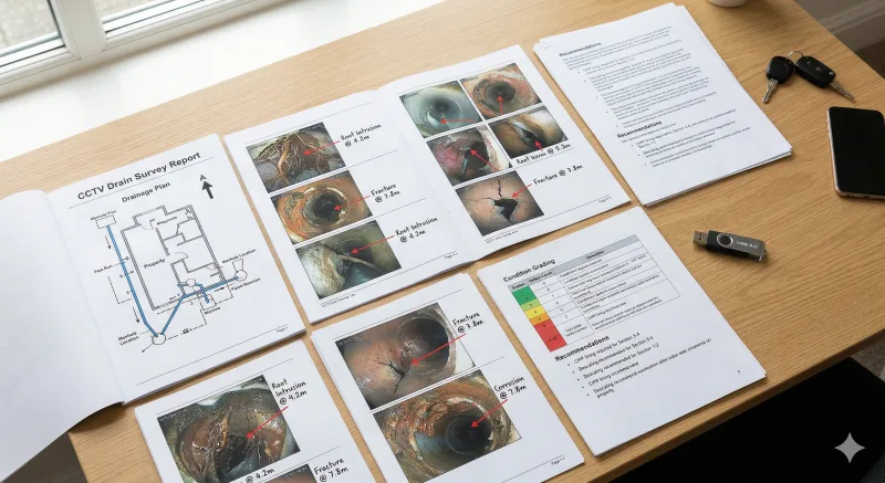 Overhead view of a complete CCTV drain survey report spread across a desk with drainage plan, annotated images, and condition grading