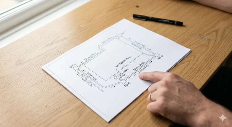 Hand pointing to a drainage plan diagram showing manhole positions, pipe runs, and flow directions