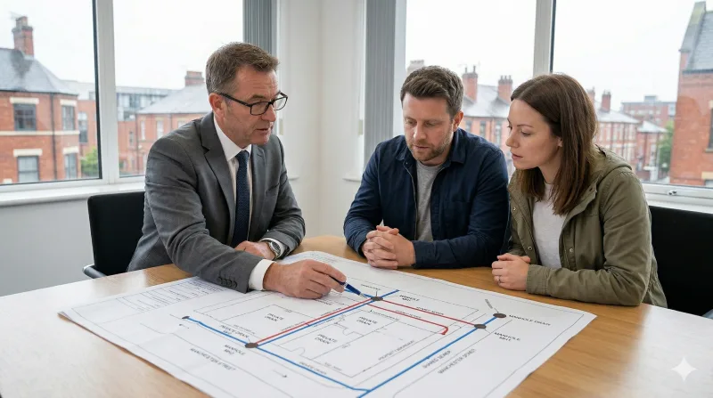 Solicitor explaining a drainage plan showing private and shared drain sections to a couple buying a house