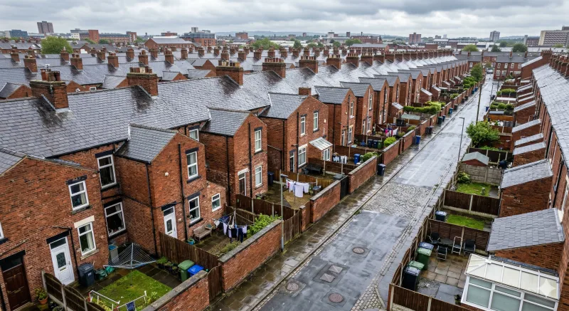 Aerial view of Manchester red-brick terraced houses showing rear yards, back alleys, and shared drainage manholes